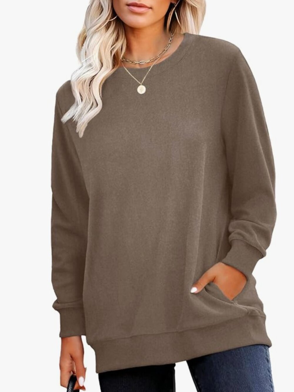 RUMIA Crewneck Sweatshirt for Women Plain Long Sleeve Top with Pocket L Coffee